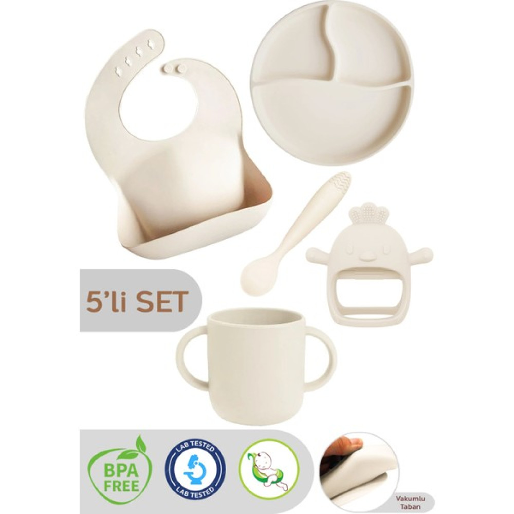 Meleni Baby 5'li Set Silikon Mama Önlüğü Kulplu Bardak Vakumlu Tabak Mama Kaşığı ve Bebek Diş Kaşıyıcı Krem Mama Seti Fiyatı