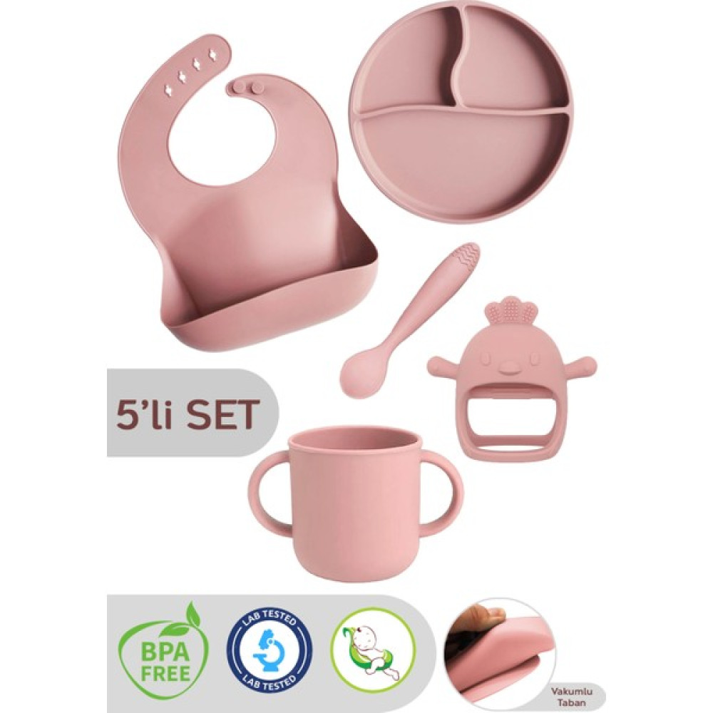 Meleni Baby 5'li Set Silikon Mama Önlüğü Kulplu Bardak Vakumlu Tabak Mama Kaşığı ve Bebek Diş Kaşıyıcı Pembe - Açık Gri Mama Seti Fiyatı