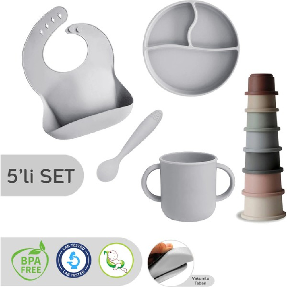 Meleni Baby 5'li Set - Silikon Mama Önlüğü Kulplu Bardak Vakumlu Tabak Mama Kaşığı ve Kule Aktivite Oyuncağı Gri Mama Seti Fiyatı