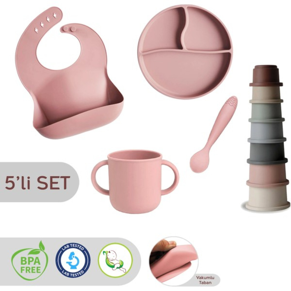 Meleni Baby 5'li Set Silikon Mama Önlüğü Kulplu Bardak Vakumlu Tabak Mama Kaşığı ve Kule Aktivite Oyuncağı Pembe Mama Seti Fiyatı