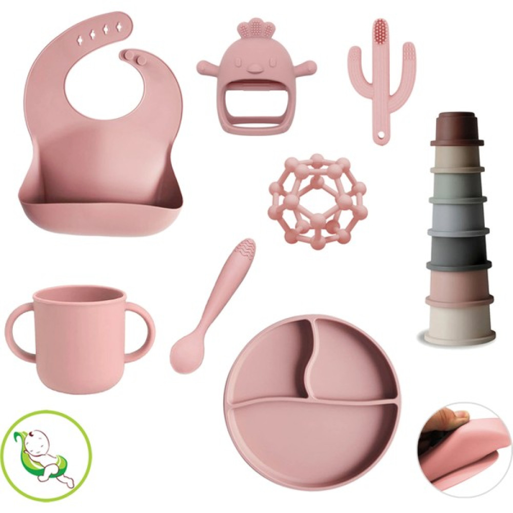 Meleni Baby 8'li Set - Silikon Mama Önlüğü Bardak Vakumlu Tabak Mama Kaşığı 3'lü Dişlik ve Kule Oyuncağı Pembe Mama Seti Fiyatı