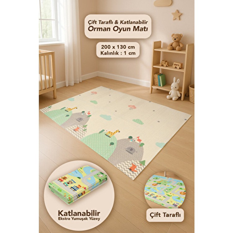 Meleni Baby Çift Taraflı Çocuk Halısı - Katlanabilir Orman ve Hayvan Desenli Bebek Çocuk Oyun Matı 130X200 cm - 130 x 200 cm - Bej Salon Halısı Fiyatı