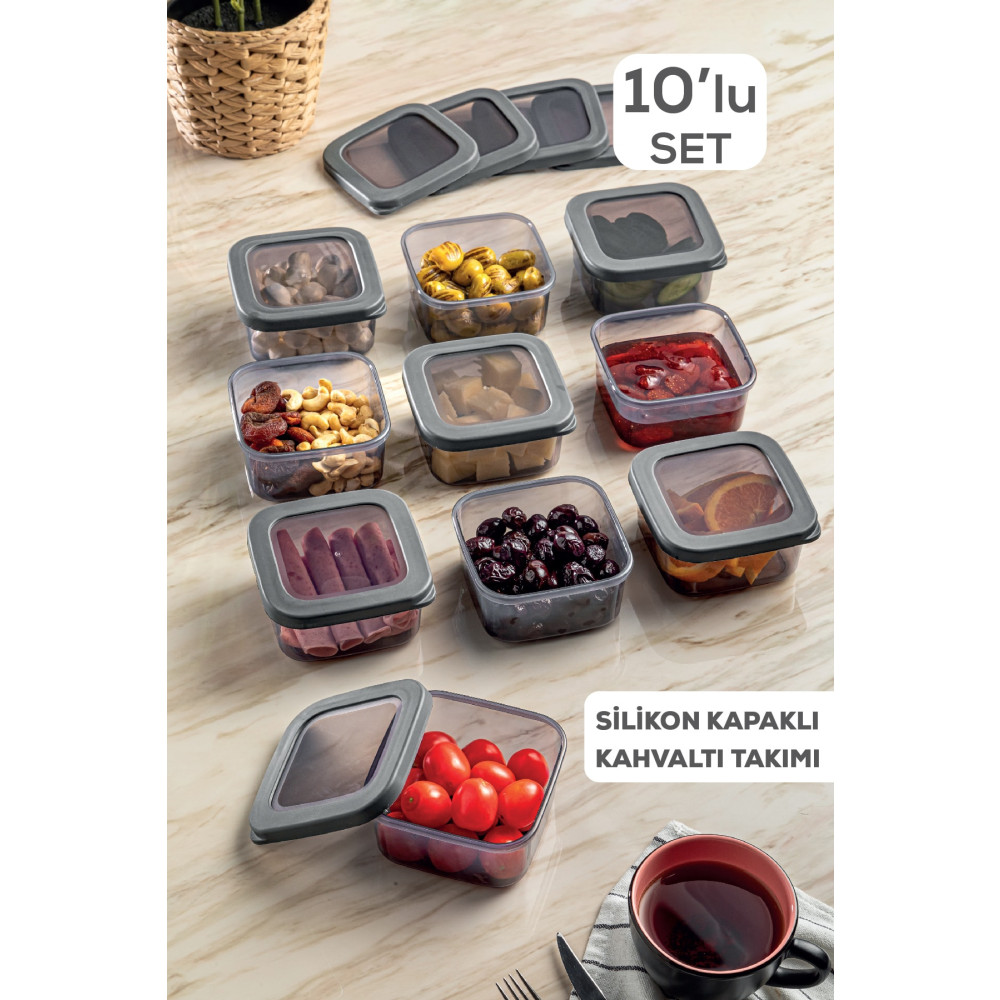 Meleni Home 10lu Set Perla Silikon Kapaklı Kare Kahvaltılık Seti - Antrasit Kahvaltı Saklama Kabı Saklama Kapları Fiyatı
