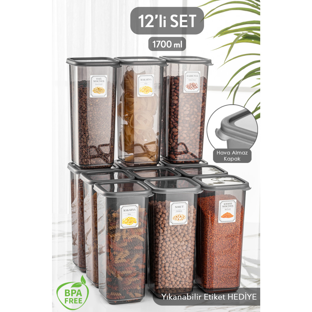 Meleni Home 12li Jumbo Boy Elisa Etiketli Kapaklı Kare Erzak Saklama Kabı Antrasit 12 X 1.70 Lt Bakliyat Kabı Saklama Kapları Fiyatı
