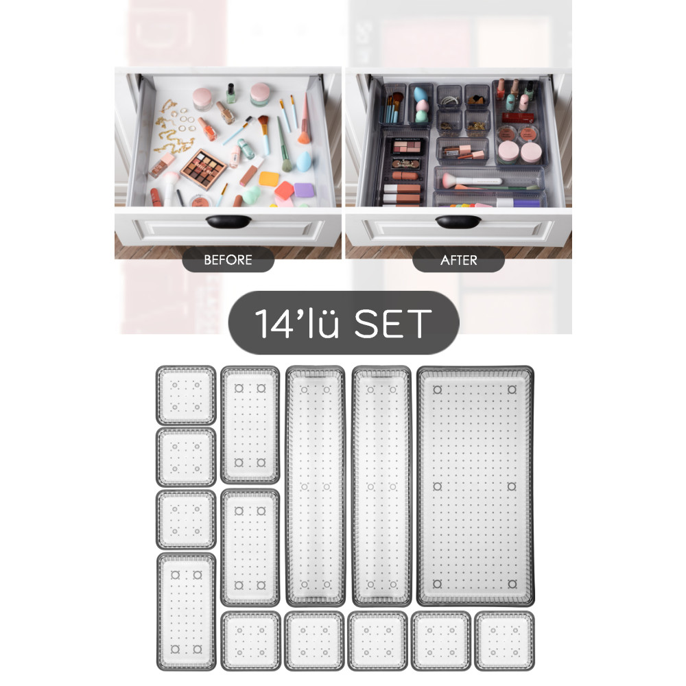 Meleni Home 14 Parça Mega Banyo Kozmetik Takı Düzenleyici Makyaj Organizer - Modüler Çekmece Içi Düzenleyici Eşya Saklama / Düzenleme Fiyatı