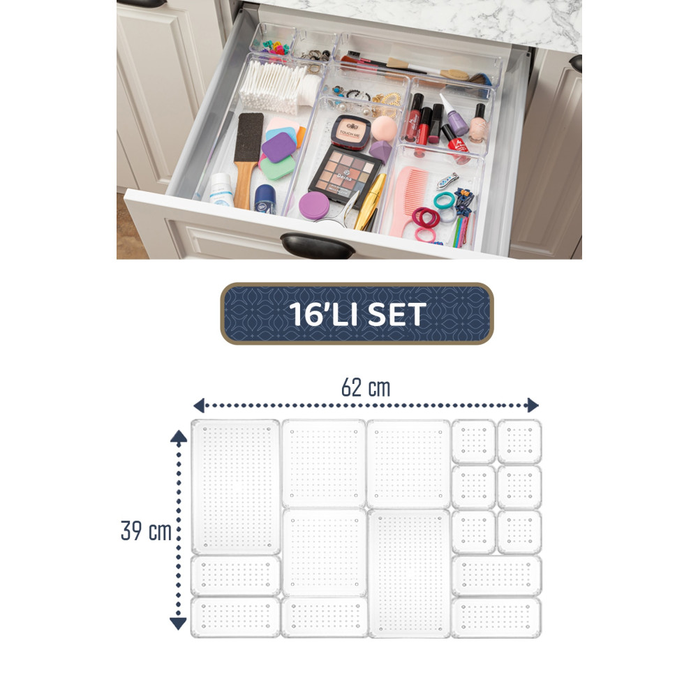 Meleni Home 16lı Modüler Set Çekmece İçi Düzenleyici - Makyaj Takı Aksesuar Organizer - Dolap İçi Düzenleyici Eşya Saklama / Düzenleme Fiyatı