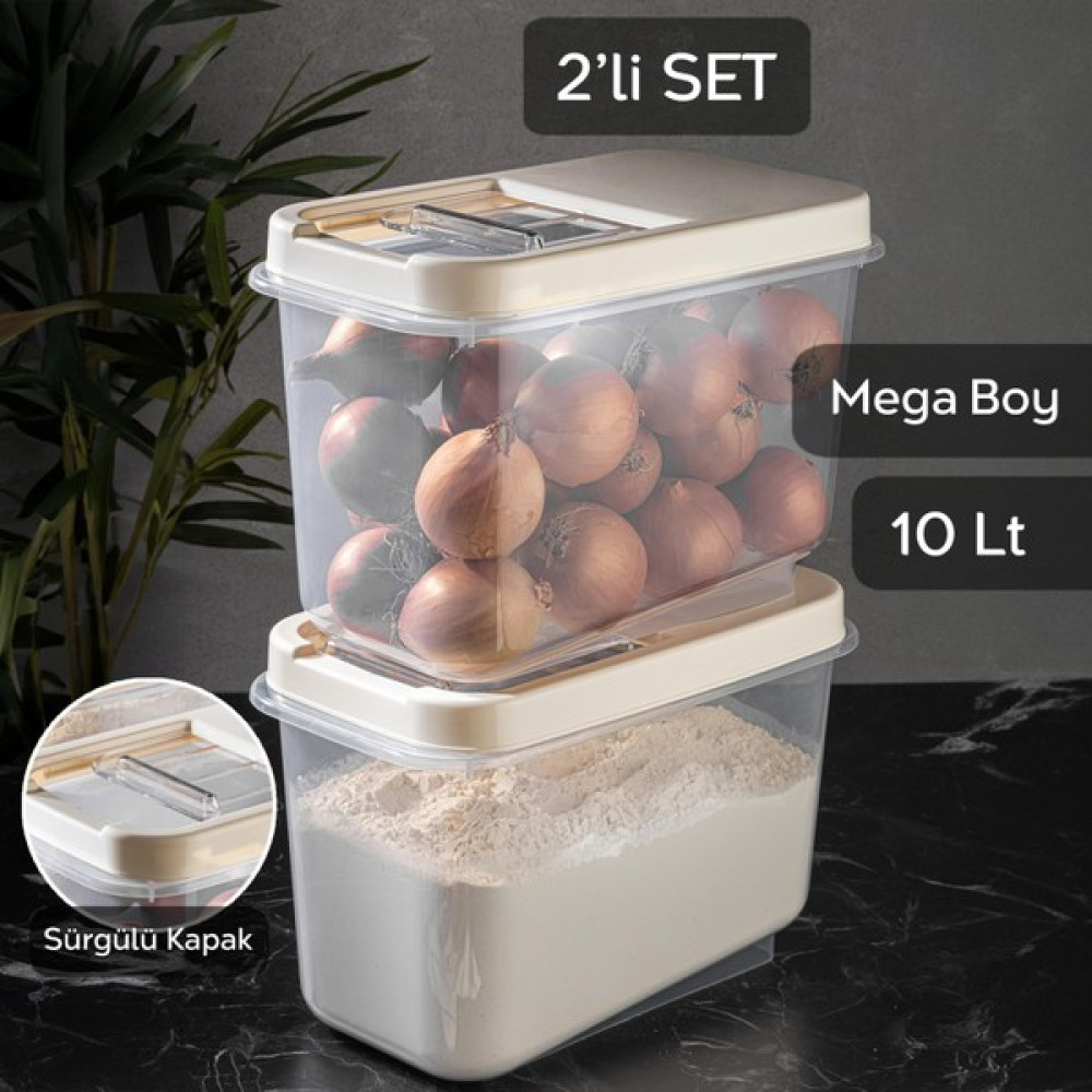 Meleni Home 2'li Multibox 10 Lt Bakliyat Saklama Kabı - Kayar Kapaklı Erzak Saklama Kabı Un Kabı Krem Saklama Kapları Fiyatı