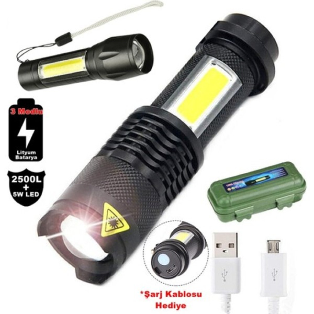 Melfshop 2500 Lumens + 5W Cob LED USB Lion Şarjlı Ultra Güçlü Q5 Xpe Su Geçirmez Şarjlı El Feneri El Feneri Fiyatı