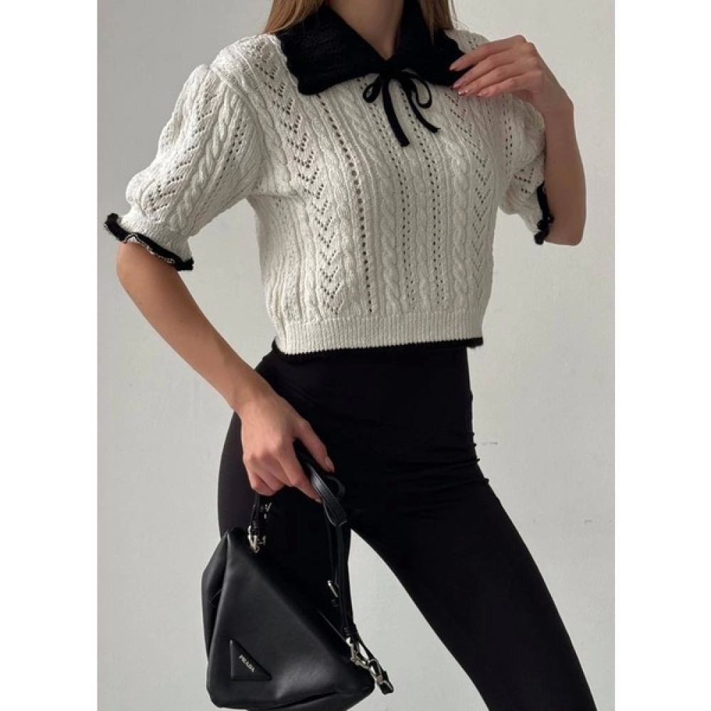 Melike Bakar Boutique Kadın Kısa Kollu Saç Örgü Beyaz Renk Triko Bluz Bebe Yaka Örgü Bluz Fiyatı