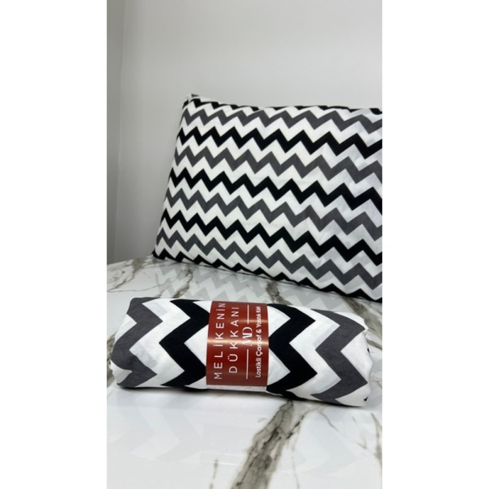 Melike Export Çift Kişilik Lastikli Çarşaf + 2 Adet Yastık Kılıfı Zigzag Desenli(Siyah_gri) - 160x200 - Gri - Siyah Yastık Kılıfı Fiyatı