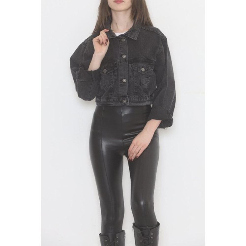 Melis Butik Lazerli Crop Kot Ceket Antrasit - 474501.1406. Bayan Ceket Fiyatı