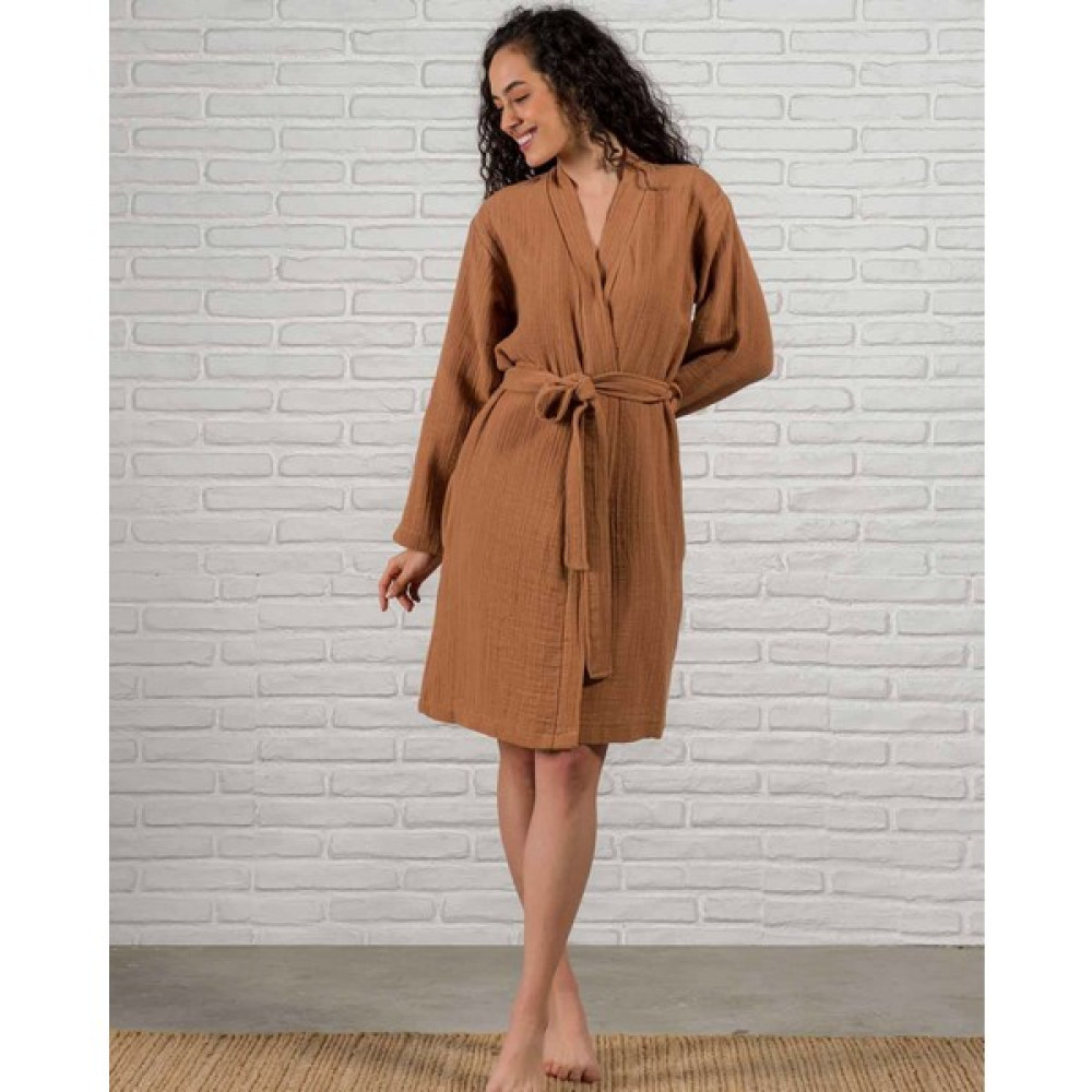 Melissa Müslin Bornoz Kimono Sabahlık Özel Tasarım %100 Pamuk Müslinbornoz - L - Kahverengi Bornoz Fiyatı