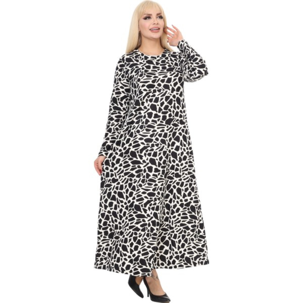 Melsay Butik Büyük Beden Siyah Beyaz Taş Desen Yumoş Uzun Elbise Elbise Fiyatı