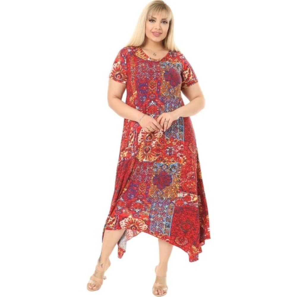 Melsay Butik Kırmızı Etnik Desen Asimetrik Kısa Kollu Uzun Elbise Elbise Fiyatı