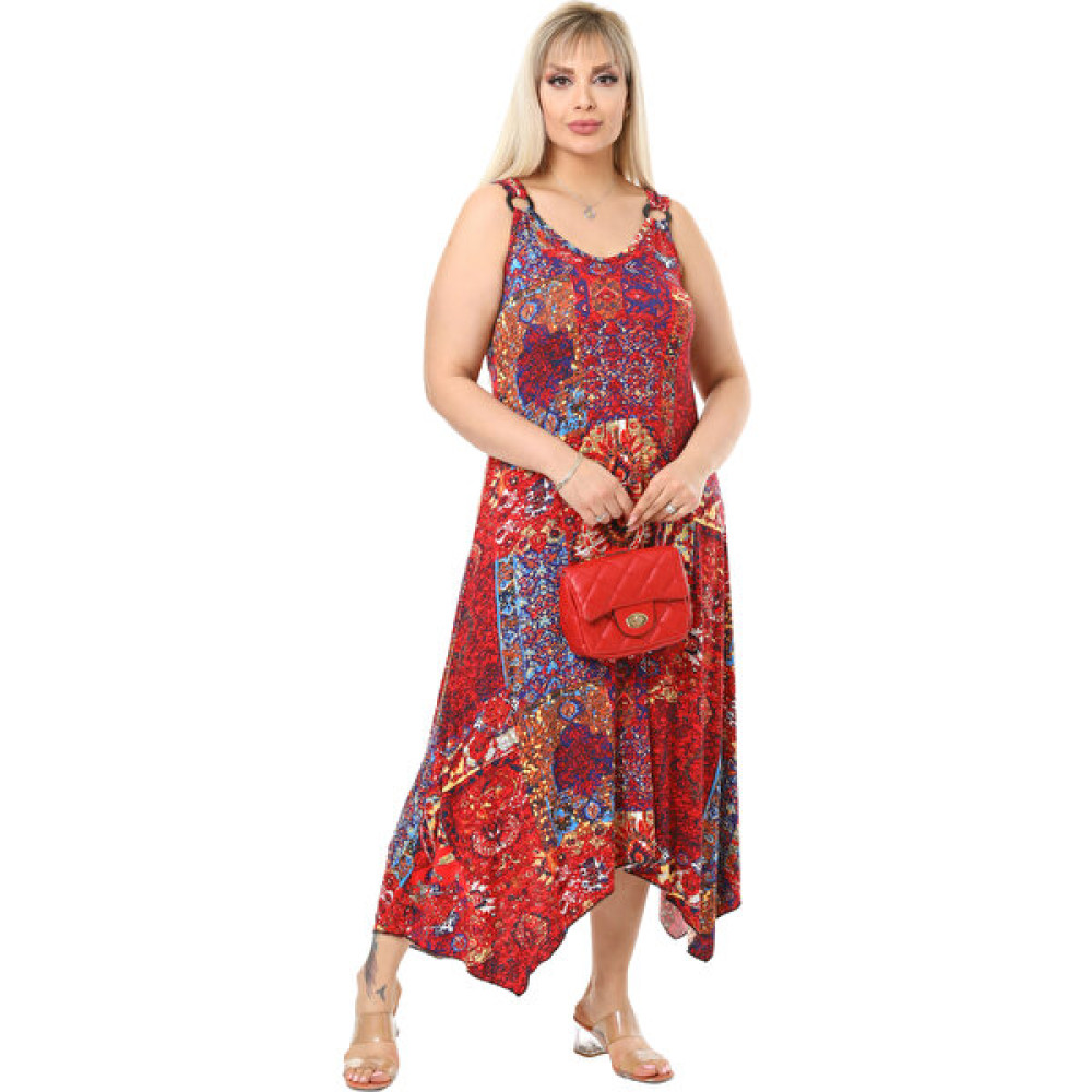 Melsay Butik Kırmızı Etnik Desen Askılı V Yaka Uzun Elbise Elbise Fiyatı