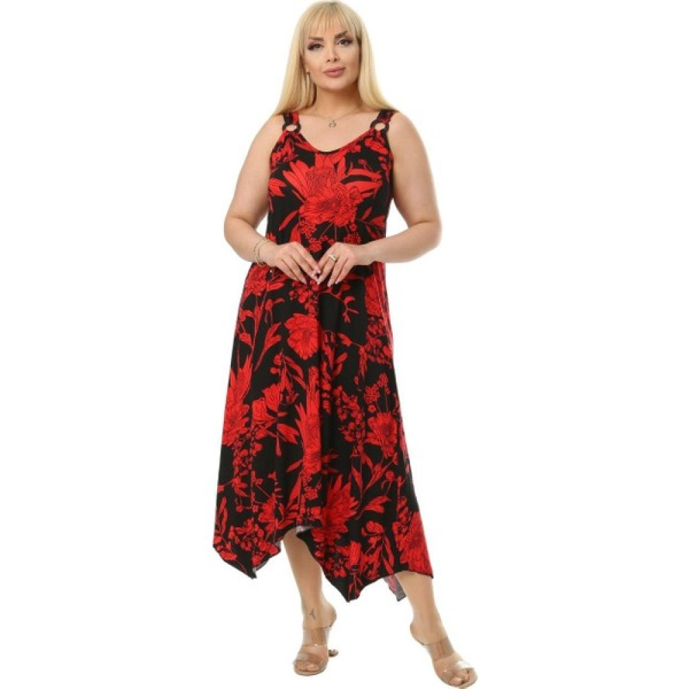 Melsay Butik Kırmızı Palmiye Desen Askılı V Yaka Uzun Elbise Elbise Fiyatı
