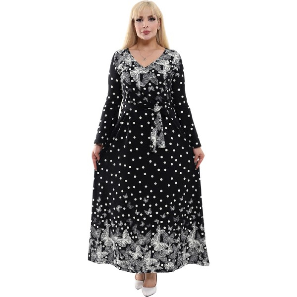 Melsay Butik Kruvaze Yaka Siyah Puan Kelebek Desen Kadın Krep Uzun Elbise Elbise Fiyatı