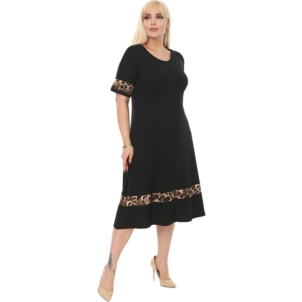 Melsay Butik Leopar Şeritli Siyah Kadın Büyük Beden Midi Elbise Elbise Fiyatı