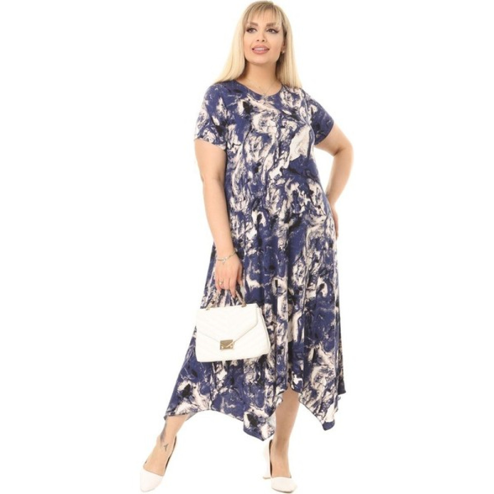 Melsay Butik Mavi Batik Desen Asimetrik Kısa Kollu Uzun Elbise Elbise Fiyatı