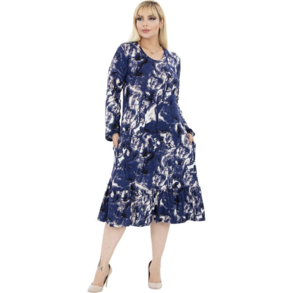 Melsay Butik Mavi Batik Desen Fırfırlı Uzun Kollu Kadın Midi Elbise Elbise Fiyatı