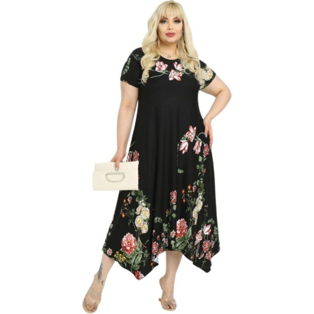 Melsay Butik Pembe Çiçekli Asimetrik Siyah Kısa Kollu Uzun Elbise Elbise Fiyatı