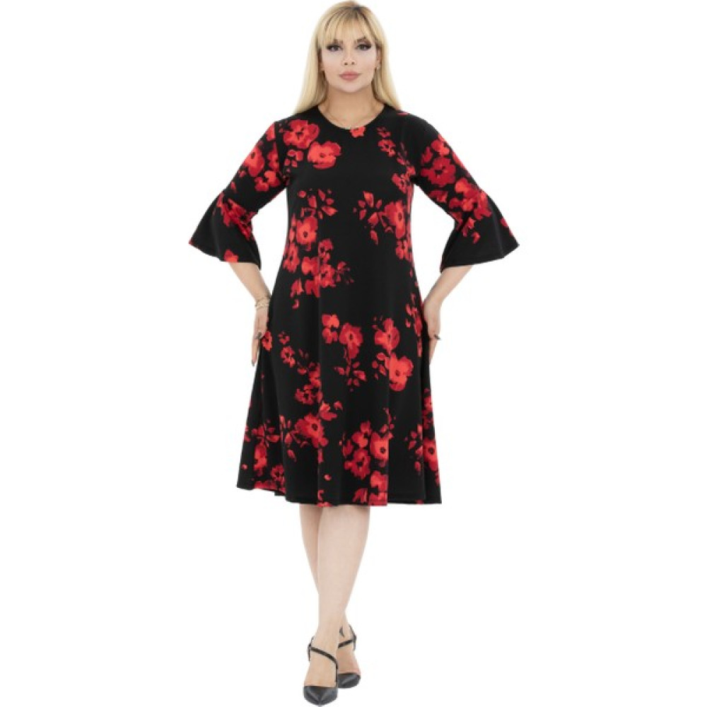 Melsay Butik Volan Kol Siyah Gelincik Desen Büyük Beden Krep Midi Elbise Elbise Fiyatı