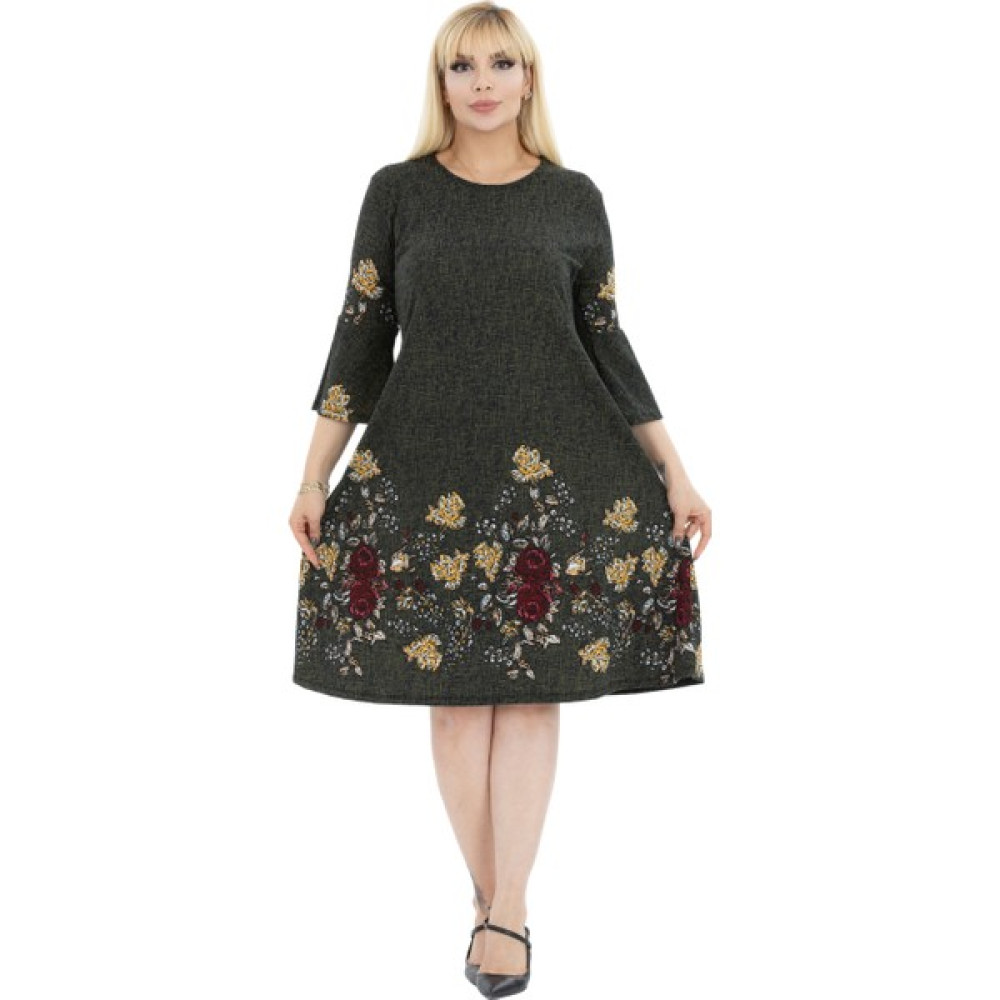 Melsay Butik Volan Kol Yeşil Çiçek Desen Büyük Beden Krep Midi Elbise Elbise Fiyatı