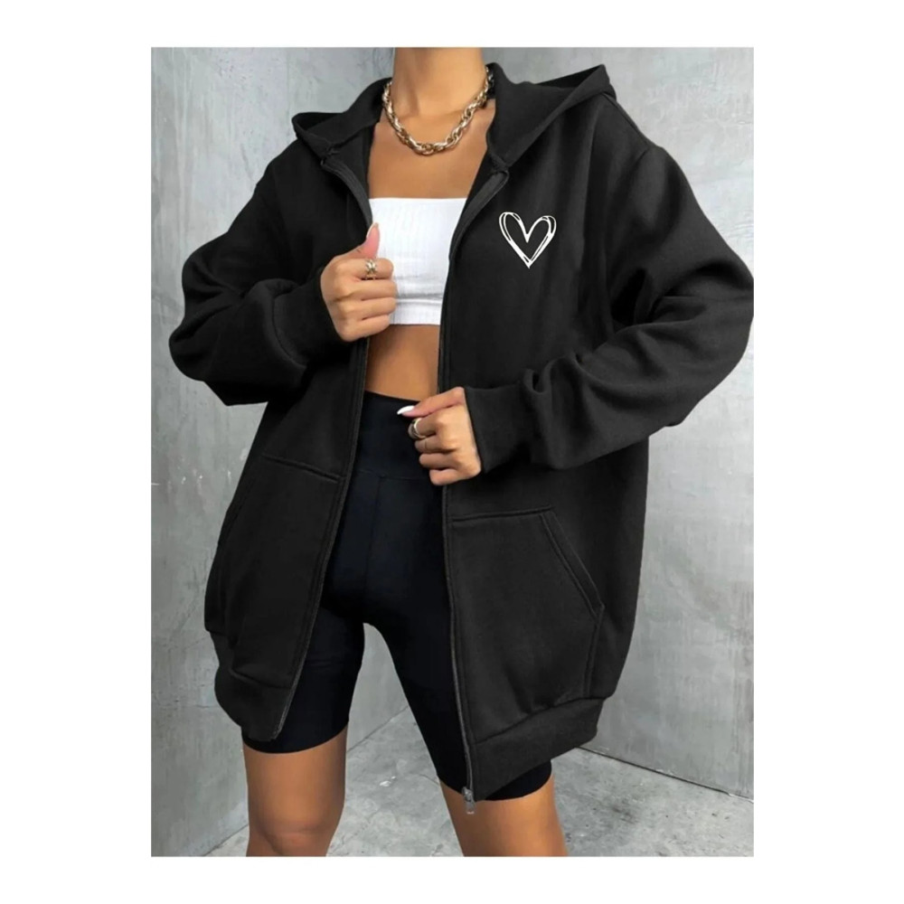 memowear Unisex 2ip Örme Kumaş Kapüşonlu Oversize Kalp Baskılı Hırka XXL Beden Bayan Sweatshirt Fiyatı