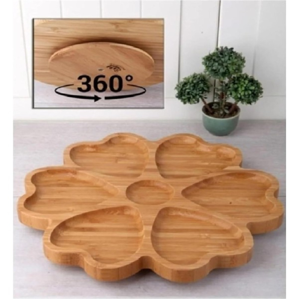 Mena Rise Menashop Bölmeli 25 cm Bambu Ahşap Döner Stantlı Servis Tabağı Kalp Şekilli Sunum Tepsisi Dönerli Bambu Ahşap Kahvaltılık Çerezlik Mutfak Gereçleri Fiyatı