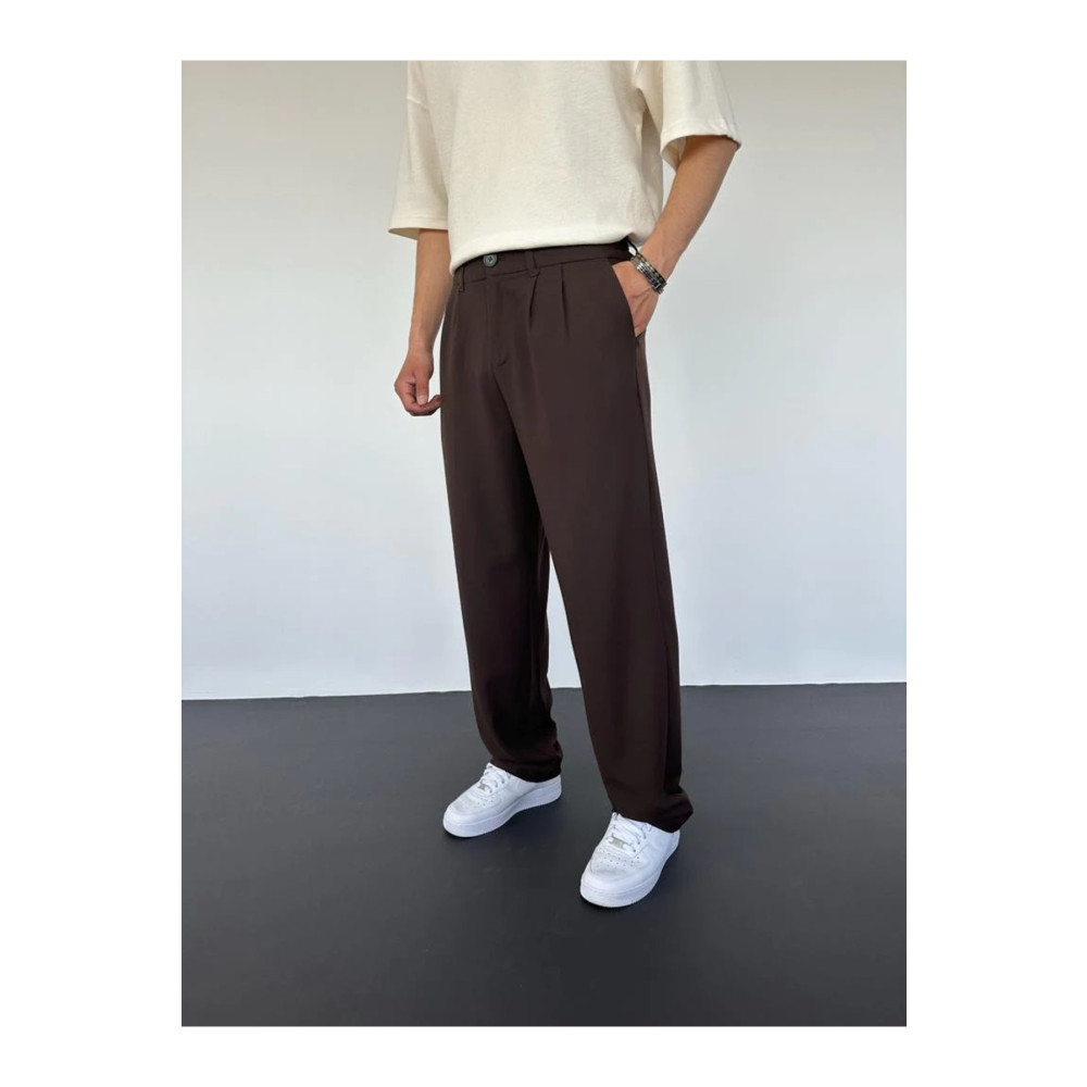 MENOFOURSWEAR Acı Kahve Pileli Baggy Kumaş Pantolon L Beden Kadın Pantolon Fiyatı