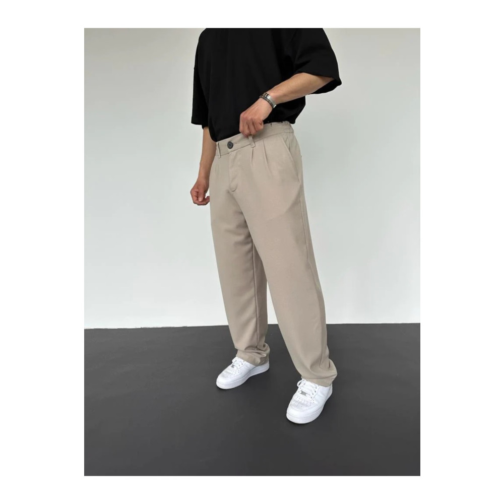 MENOFOURSWEAR Bej Pileli Baggy Kumaş Pantolon L Beden Kadın Pantolon Fiyatı