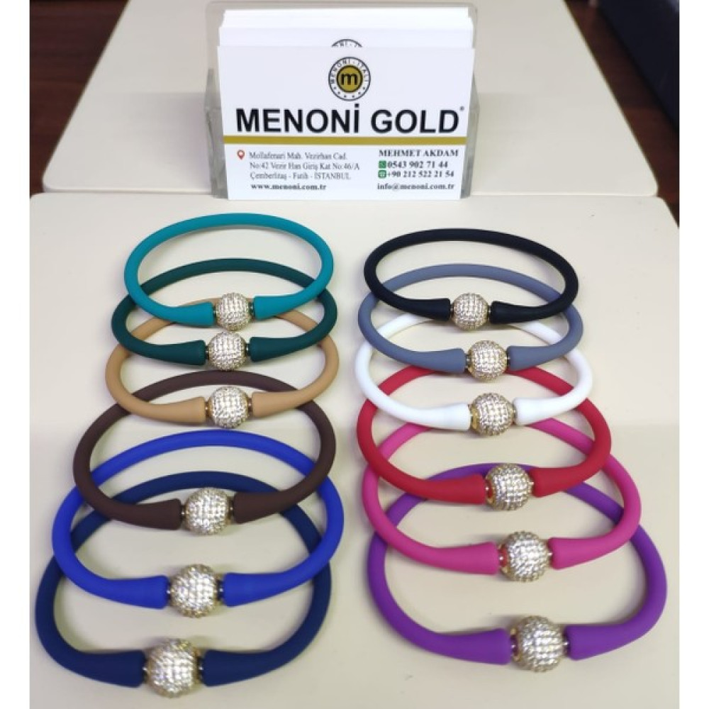 Menoni Gold 14 Ayar Taşlı Silikon Kayışlı Bileklik - 17 cm - Gri Saat ve Bileklik Aksesuarı Fiyatı