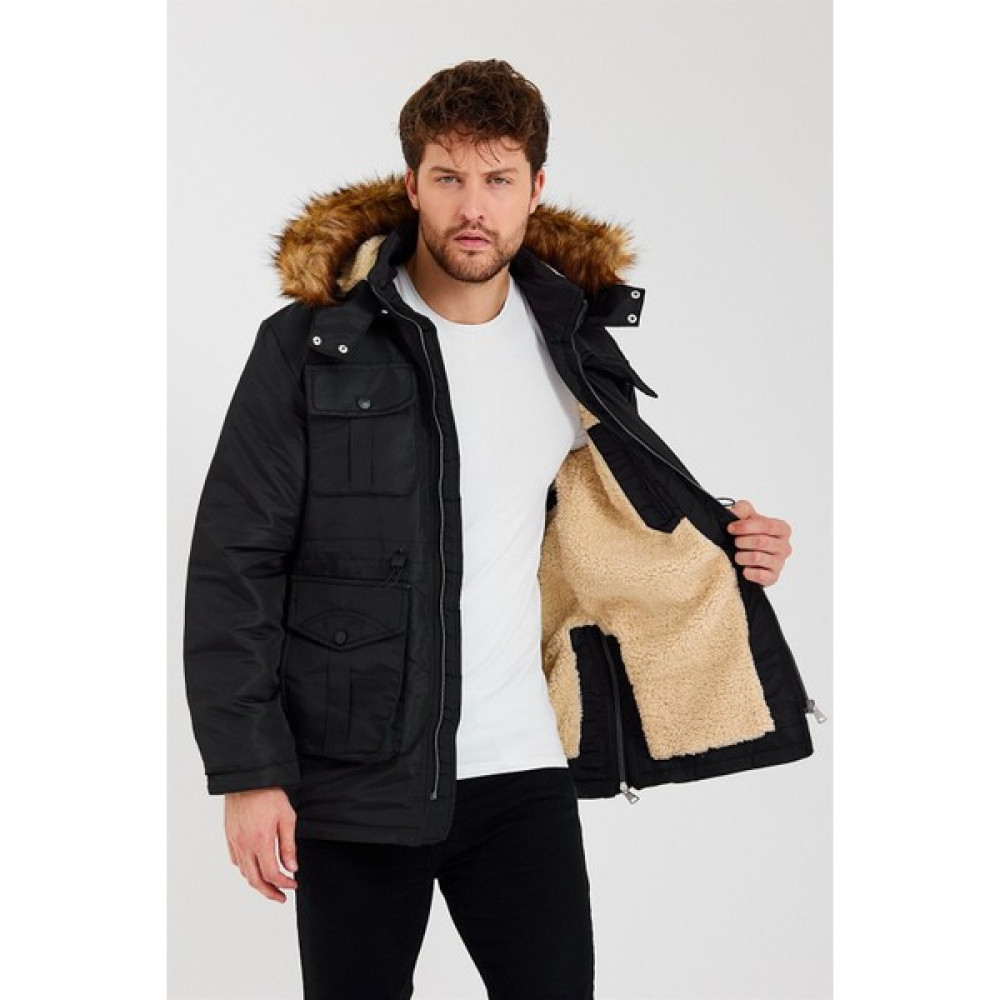 Menstylemcm Siyah Çıkarılabilir Kapüşonlu Içi Kürklü Mont Erkek Mont Fiyatı