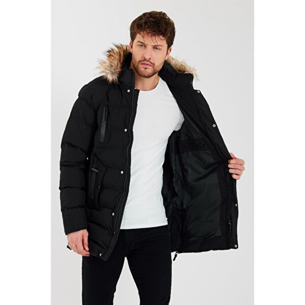 Menstylemcm Siyah Çıkarılabilir Kapüşonlu Şişme Uzun Mont Erkek Mont Fiyatı