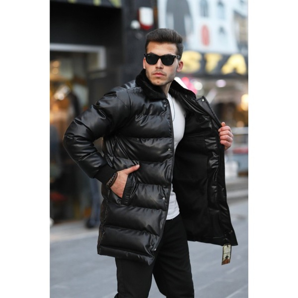 Menstylemcm Siyah Yaka Kürklü Uzun Deri Mont Erkek Mont Fiyatı