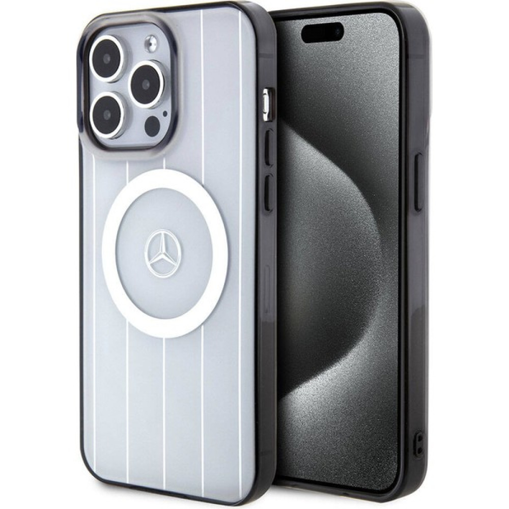 Mercedes Benz iPhone 15 Pro Max Kılıf Mercedes Benz Orjinal Lisanslı Magsafe Şarjlı Paralel Çizgi Desenli Beyaz Cep Telefonu Kılıfı Fiyatı