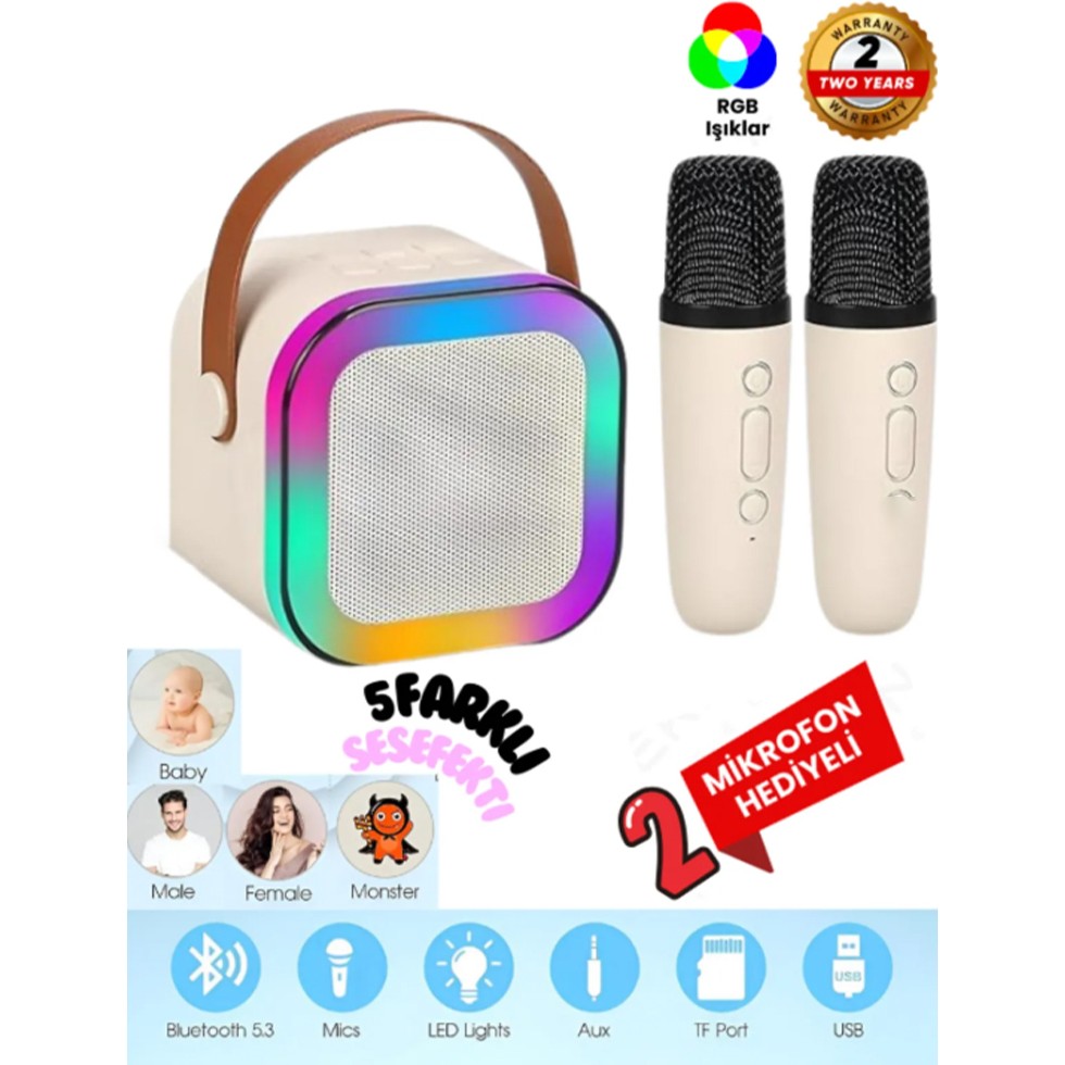 Mercitech K12 Kablosuz Bluetooth Hoparlör Bej Karaoke 2 Mikrofon Li Ses Efektli Rgb Hd Stereo Ses Usb/Sd Bluetooth Hoparlör Fiyatı