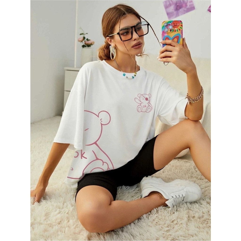 Mercoledi Ayıcık Baskılı Kadın Oversize T-Shirt Salaş Boyfirend Bayan T-shirt Fiyatı