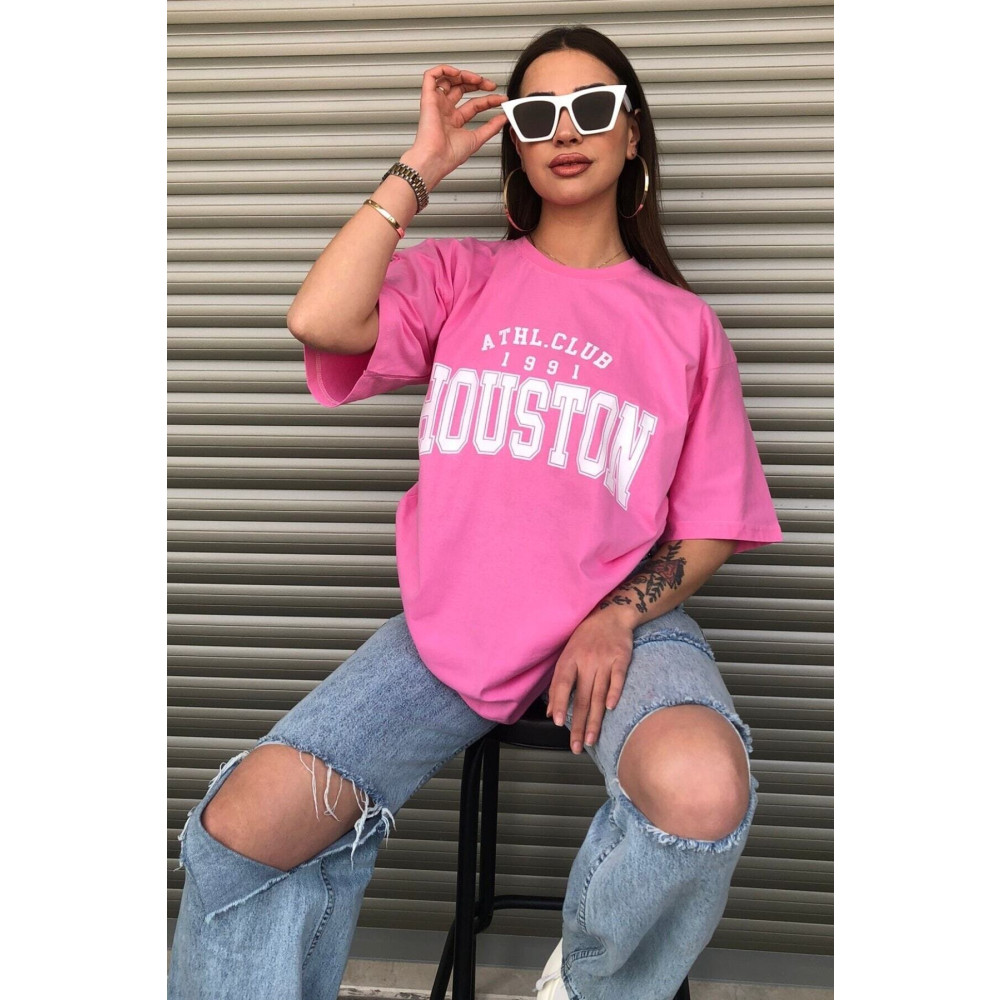 mercoledi Houston Baskılı Kadın Oversize Pembe T-shirt S Beden Bayan T-shirt Fiyatı