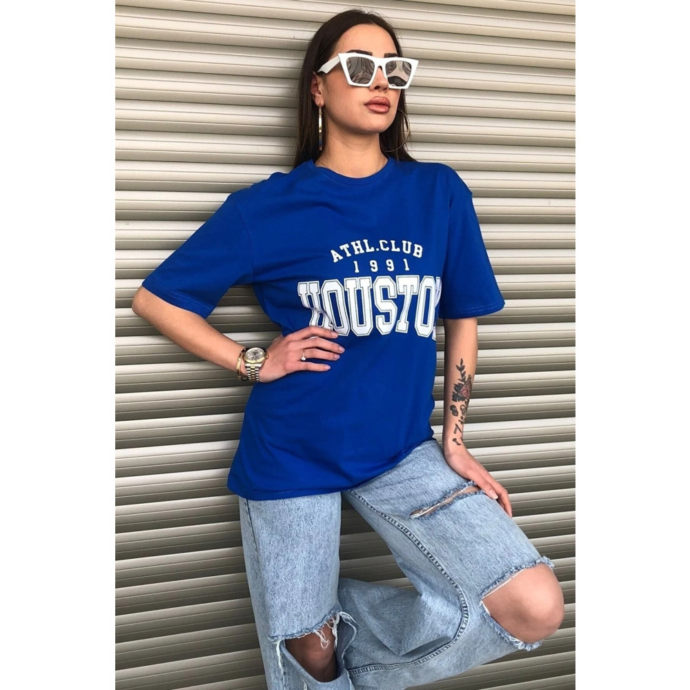 mercoledi Houston Baskılı Kadın Oversize Saks Mavi Salas T-shirt Boyfriend L Beden Bayan T-shirt Fiyatı