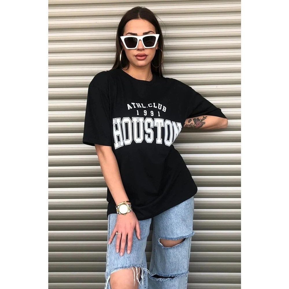 mercoledi Houston Baskılı Kadın Salas Oversize Siyah T-shirt Boyfriend L Beden Bayan T-shirt Fiyatı