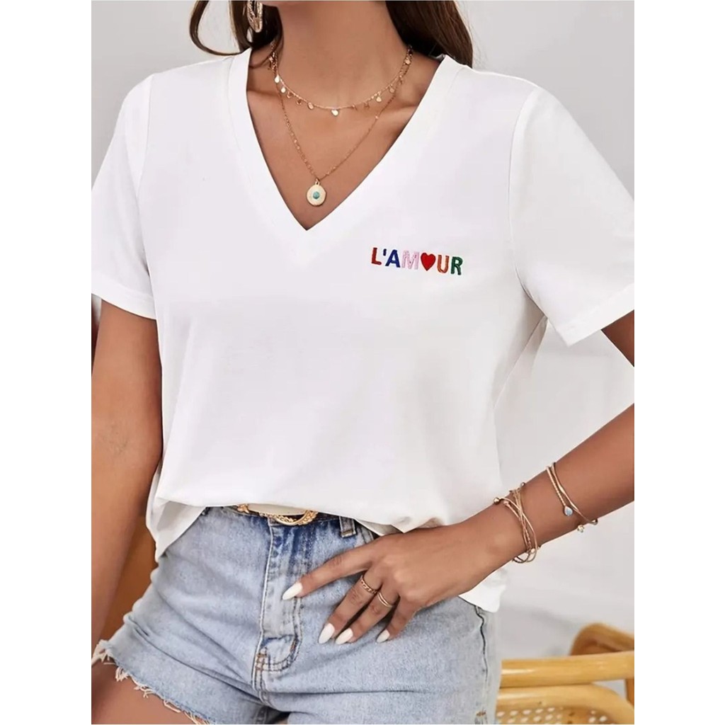 Mercoledi Kadın Baskılı Kadın Oversize V Yaka T-Shirt Salaş Bayan T-shirt Fiyatı
