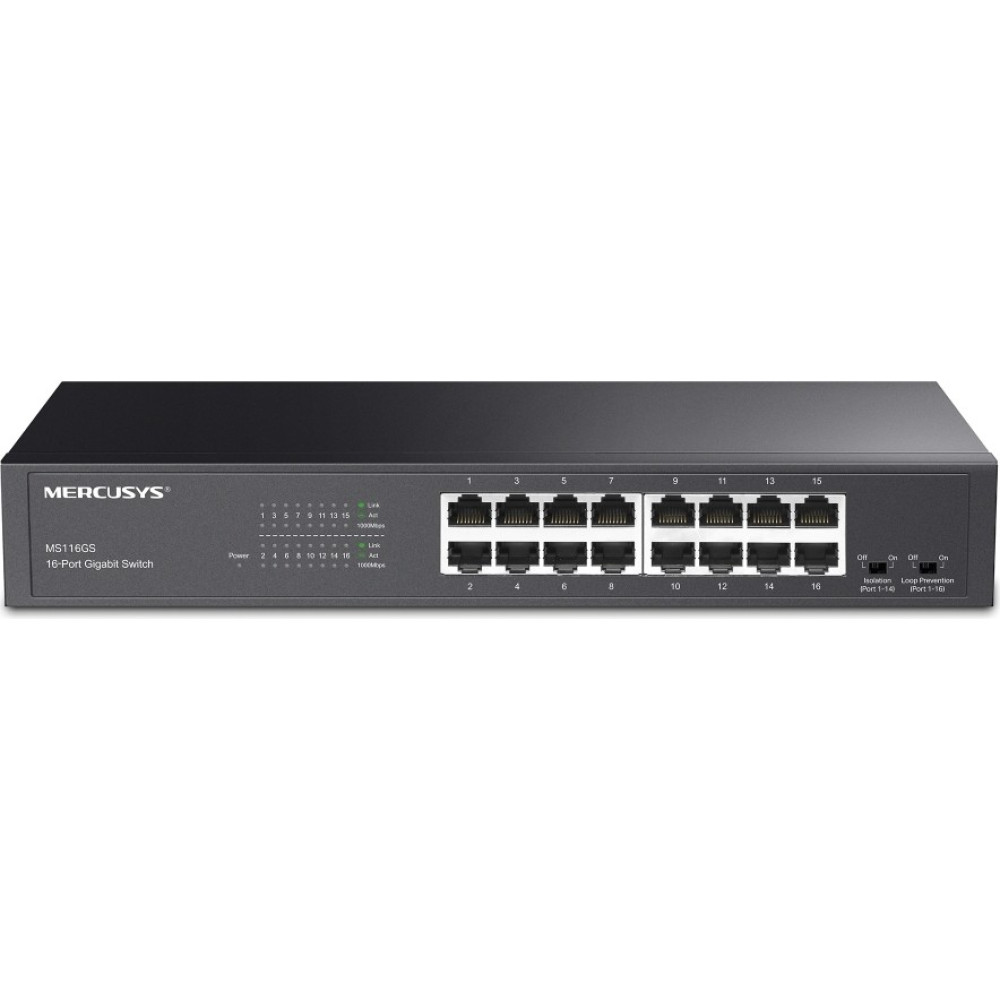 Mercusys MS116GS; 16X Gigabit Ethernet Port, Metal Kasa, Izolasyon Modu, Sessiz Çalışma Modu, Gigabit Ethernet Switch Switchler Fiyatı