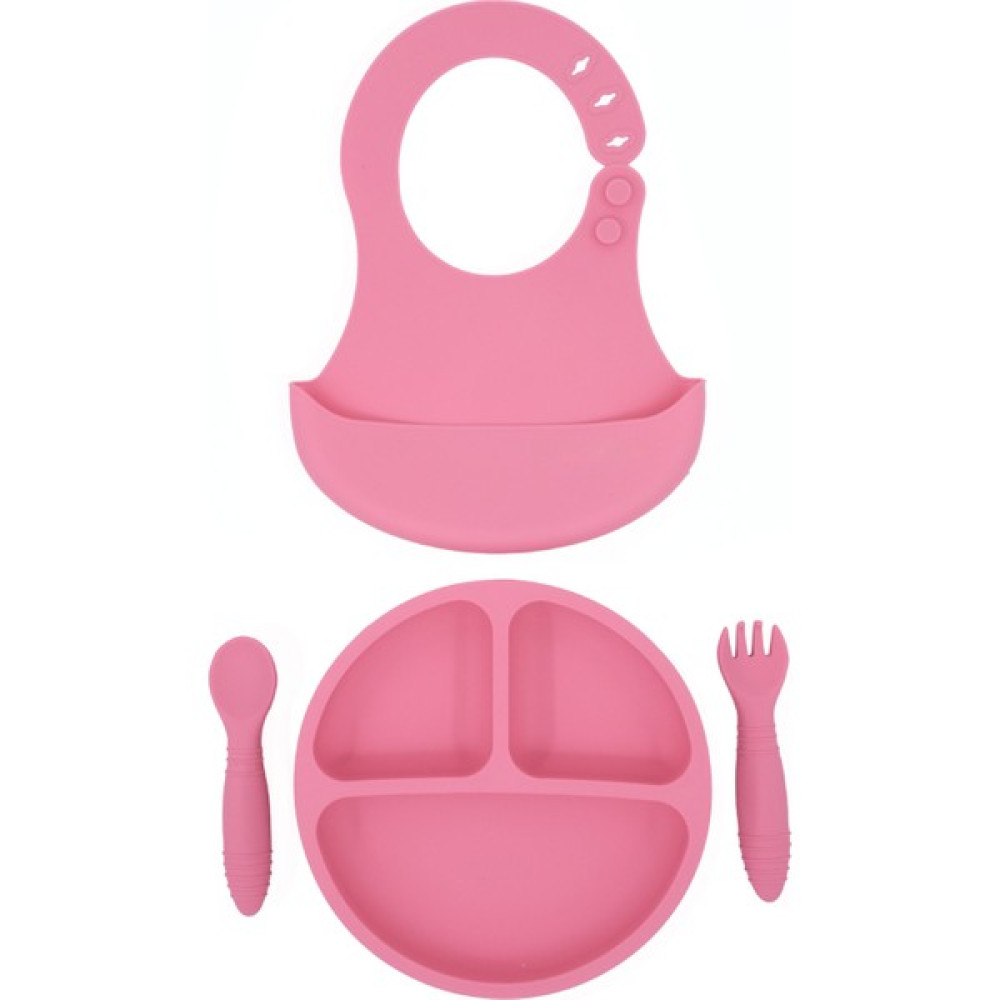 Merdia Kids Lüks Bebek Mama Seti Silikon Mama Tabağı Mama Önlüğü Mama Kaşığı ve Mama Çatalı - Pembe Mama Seti Fiyatı