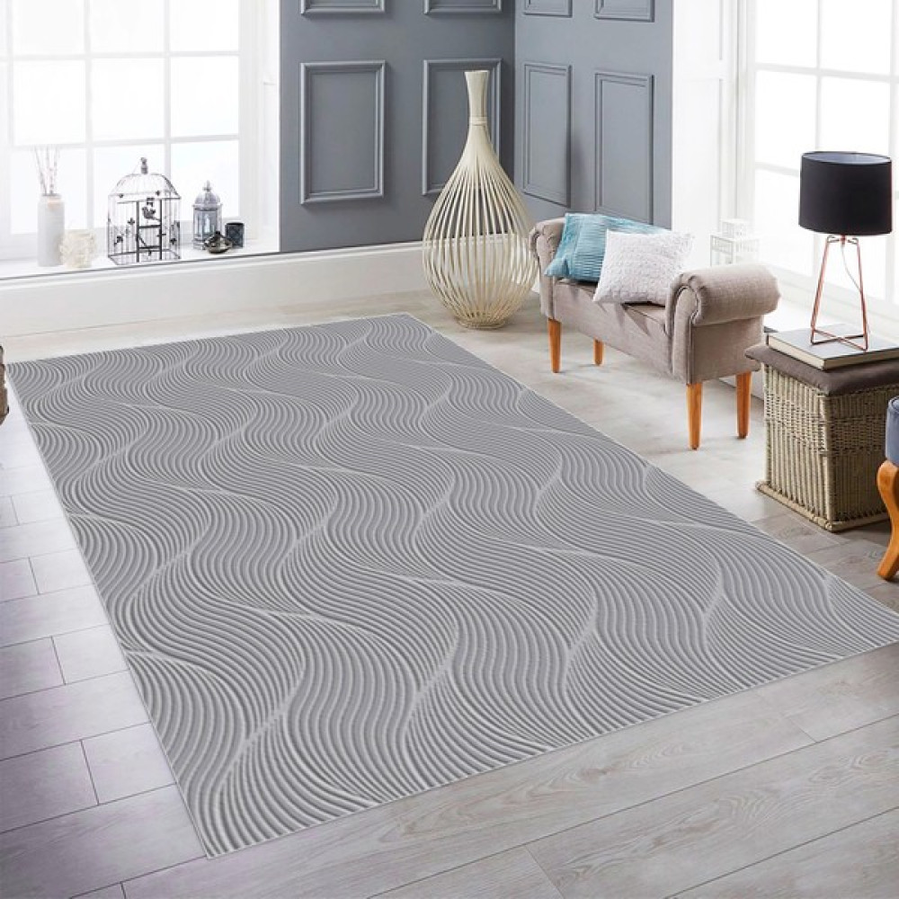 Meri̇nos Rölyef Orla Gri̇ Modern Kaymaz Halı - 80 x 150 cm - Gri Salon Halısı Fiyatı
