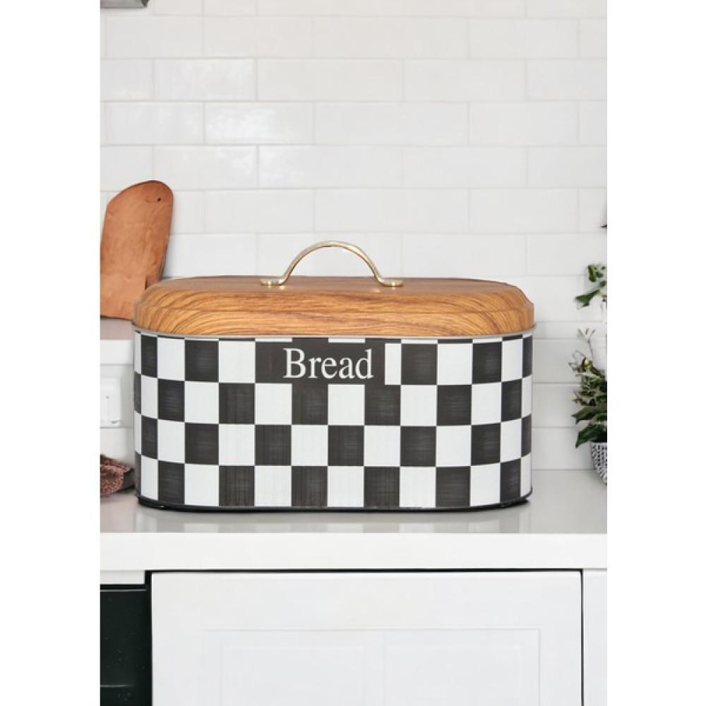 Merisa Home Bambu Kapak Görünümlü Metal Dama Desenli Ekmeklik MRS-3035DM - Beyaz - Siyah Saklama Kapları Fiyatı