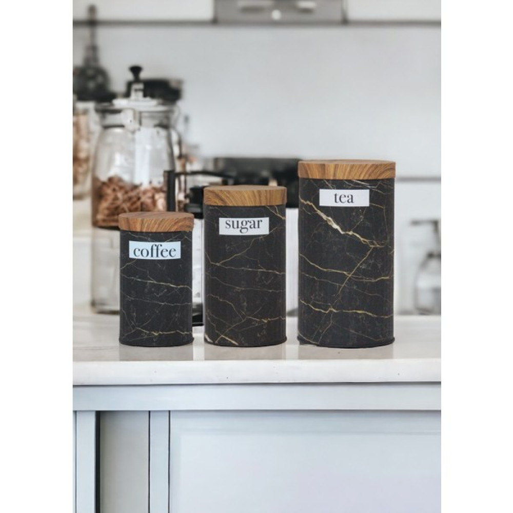 Merisa Home Bambu Kapak Görünümlü Metal Mermer Desenli 3'lü Çay Şeker Kahve Saklama Kabı/kavanozu MRS-3037M - Beyaz - Siyah Saklama Kapları Fiyatı