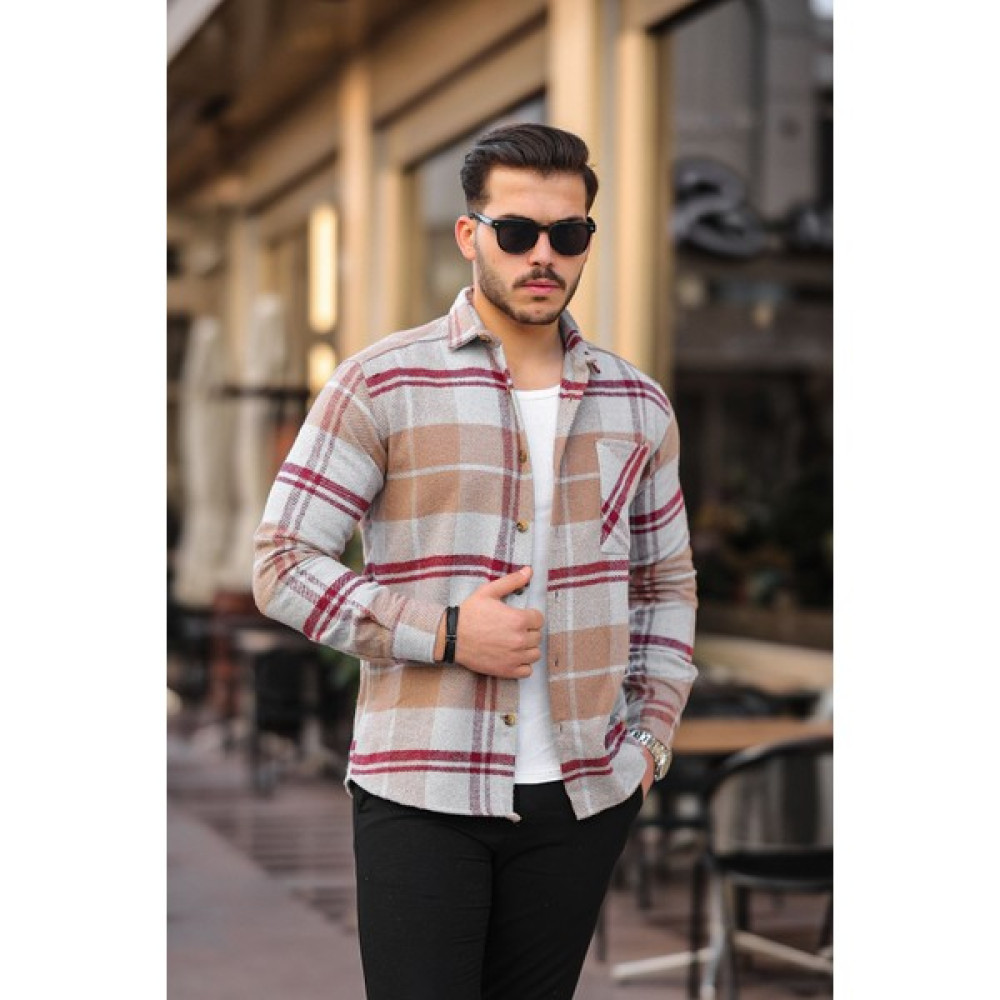 Mero Life Erkek Bej Çizgili Ekoseli Oversize Uzun Kol Kareli Kalın Kumaş Oduncu Gömleği Erkek Gömlek Fiyatı