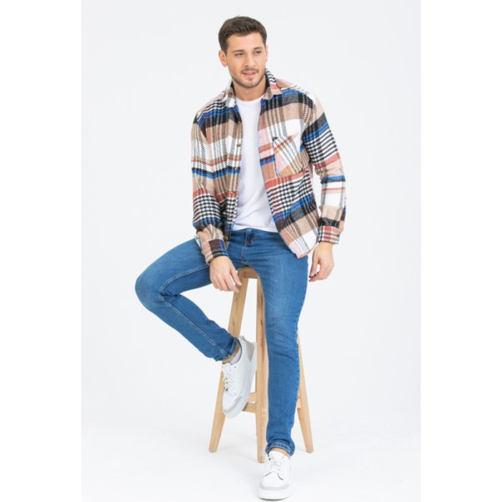 Mero Life Erkek Krem-Lacivert Çizgili Oversize Kareli Pamuklu Kumaş Oduncu Gömleği Erkek Gömlek Fiyatı