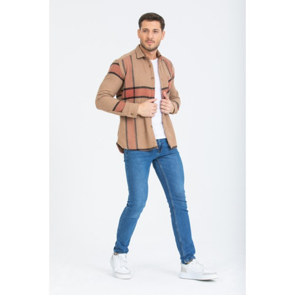 Mero Life Erkek Krem-Siyah Çizgili Ekoseli Oversize Uzun Kol Kareli Kalın Kumaş Oduncu Gömleği Erkek Gömlek Fiyatı